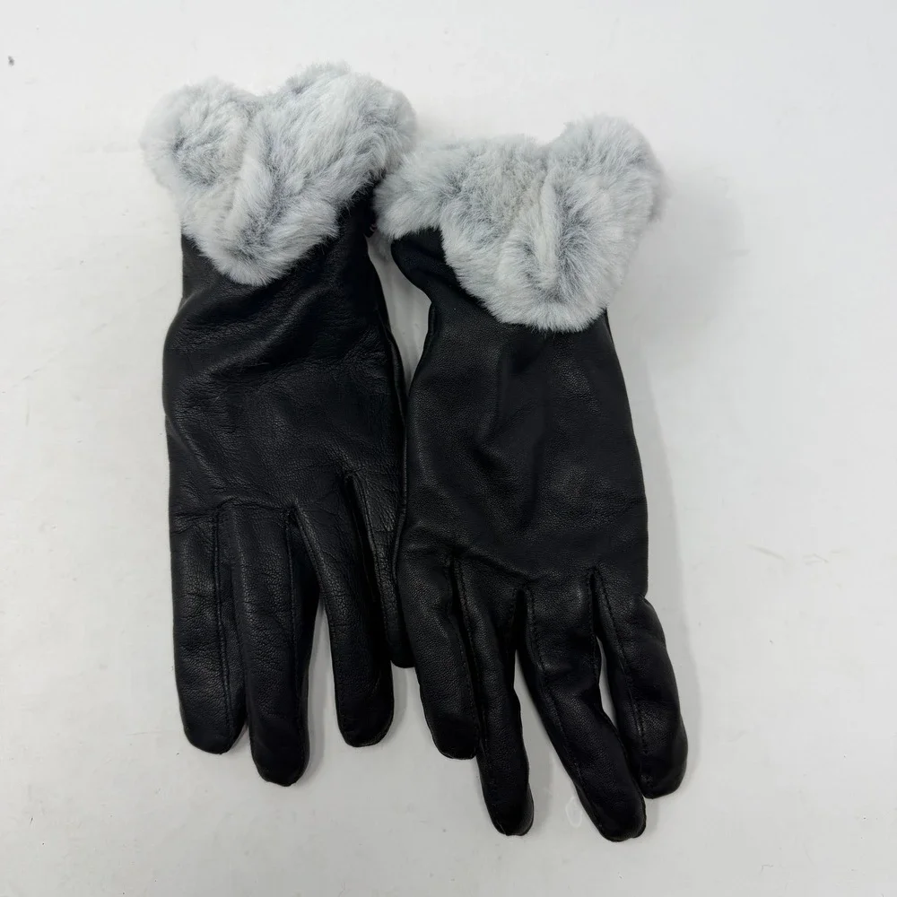 Echo Leather Gloves Womens L Black Excellent Faux Fur Cuff Touchscreen LH5